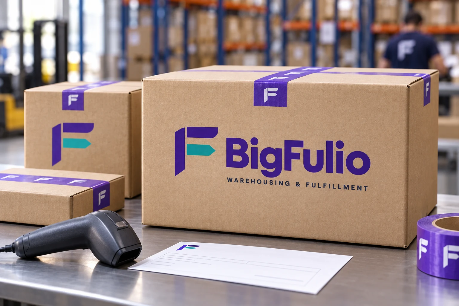 Thùng hàng mang logo BigFulio và thiết bị quét mã