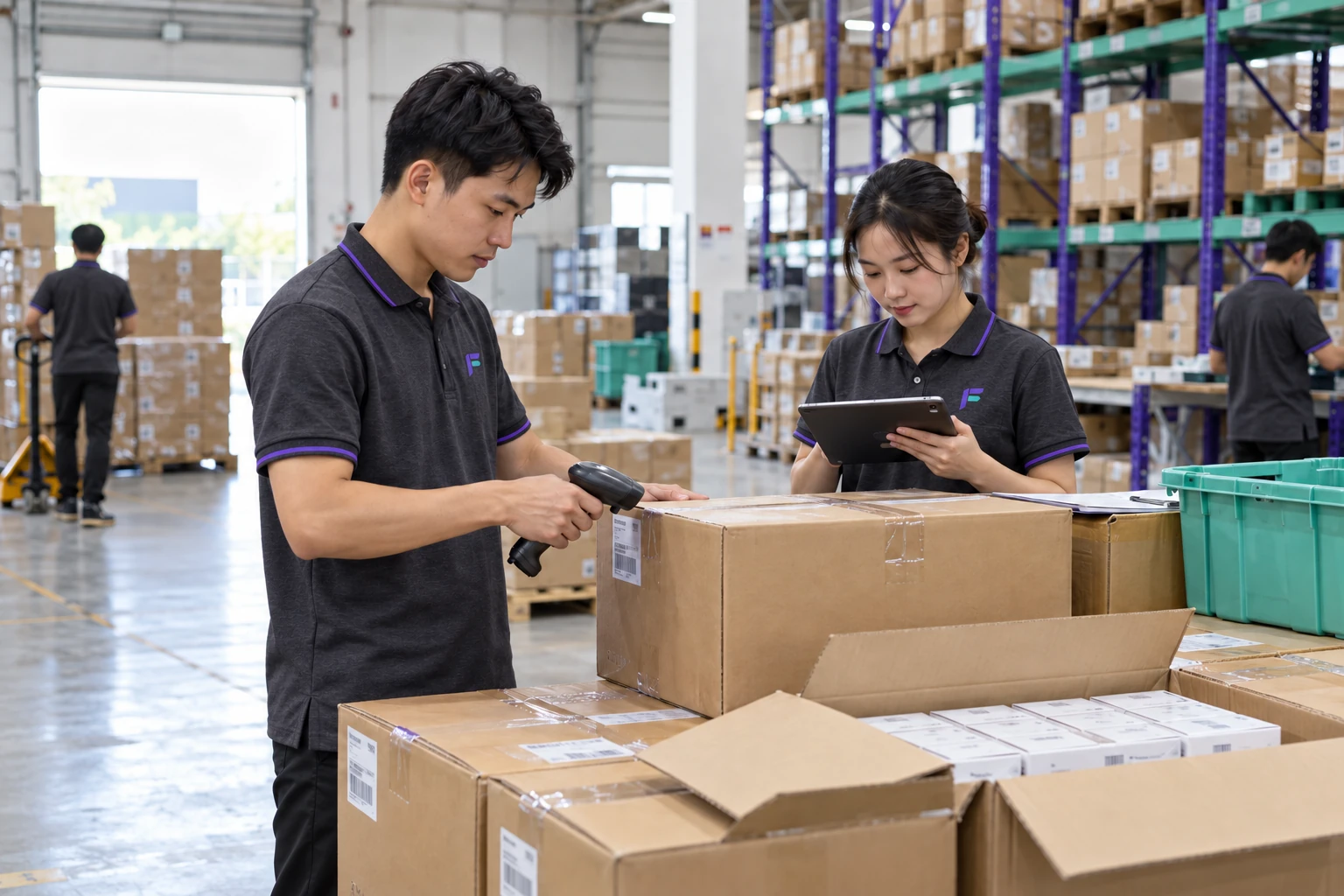 Nhân viên quét mã thùng hàng nhập kho và đối chiếu thông tin trên máy tính bảng